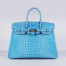 Hermes Birkin 35Cm Crocodile Head Stripe Handbags Light Blue Gold
